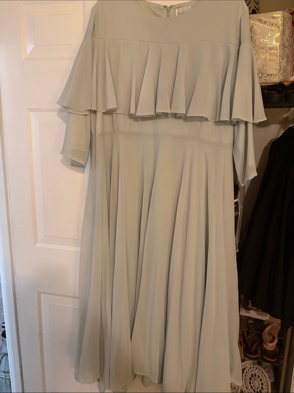 Flowing Light Sage Maxi Dress with Ruffle Overlay